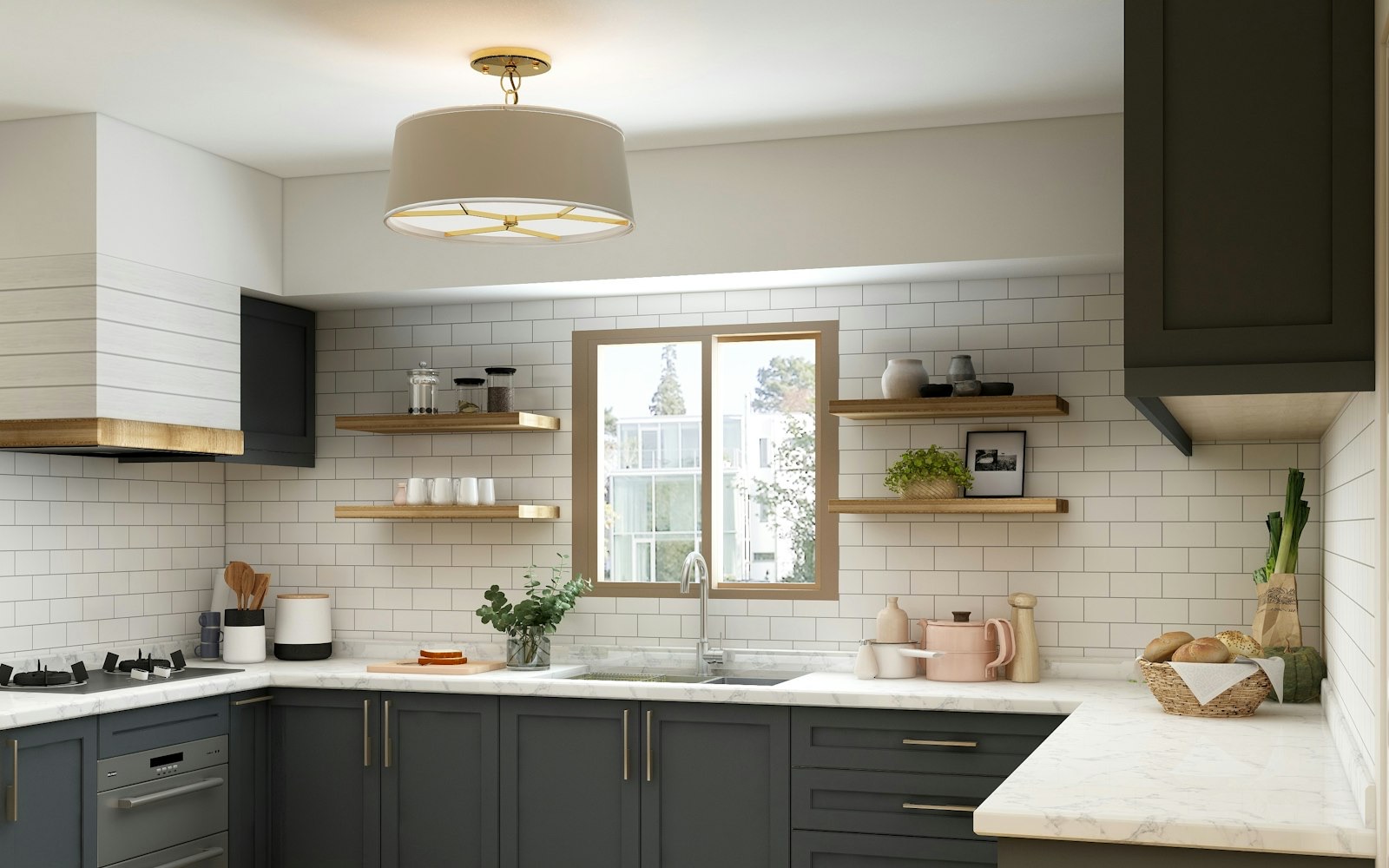 A finished kitchen with dark cabinets, white marble counters, and subway tile, the payoff at the end of a remodel